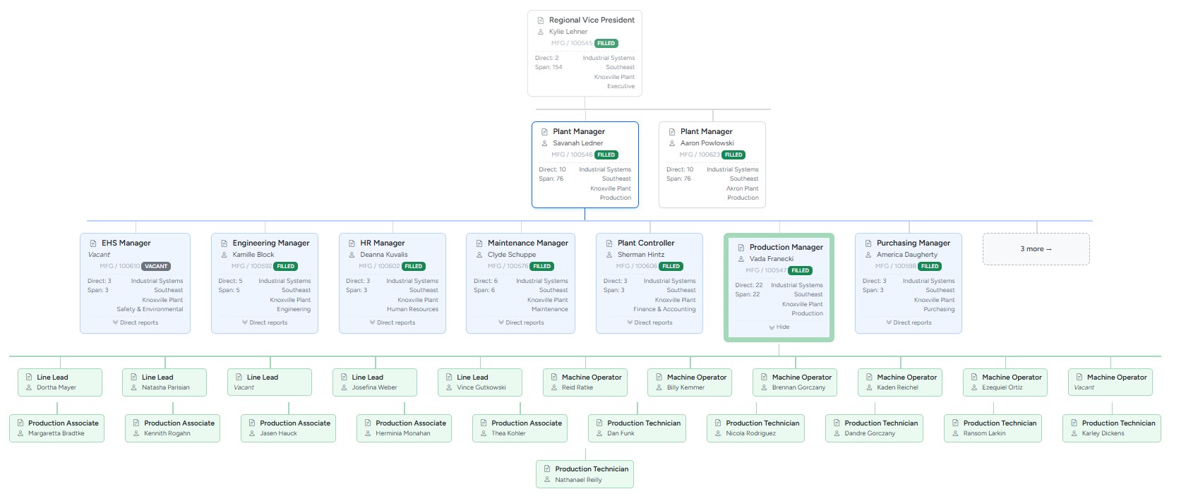 PowerPCS onscreen org chart, showing five levels from Regional Vice President down to Production Technician