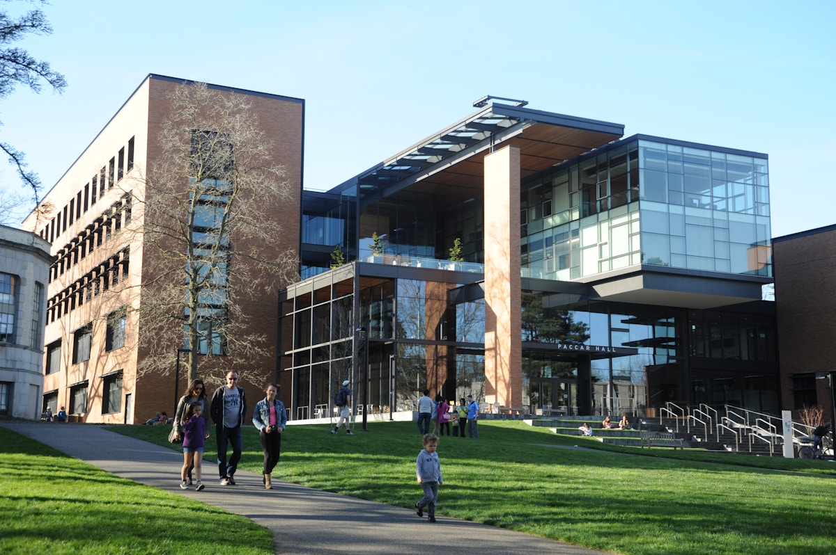 A university campus building with students walking